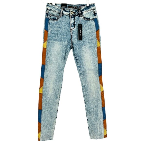 NWT Grace in LA Women's High Waist Side Stripe Blue Skinny Denim Jeans Size 25 - Picture 1 of 11